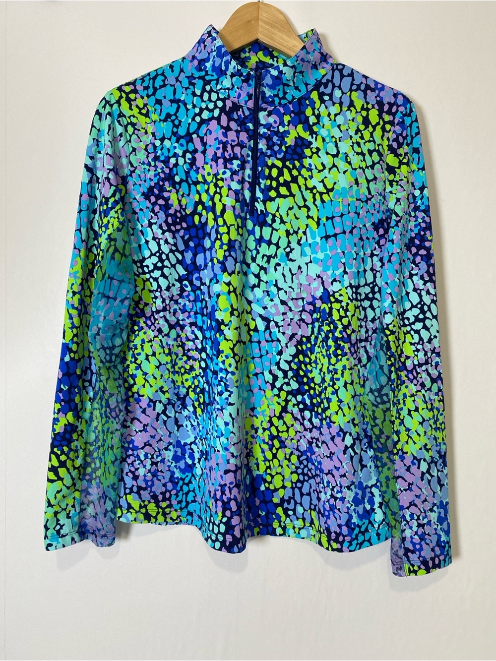 IBKUL Camille Mock Neck Qtr Zip Long Sleeve Top Multicolor Mesh Mosaic Large - Picture 2 of 9